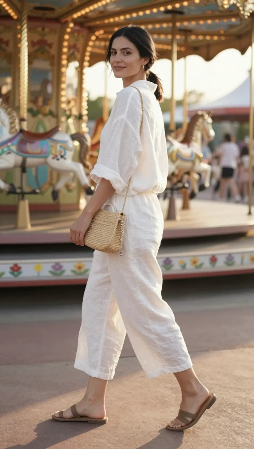 White Linen Button-Up Shirt + White Linen Wide-Leg Pants + Tan Slide Sandals