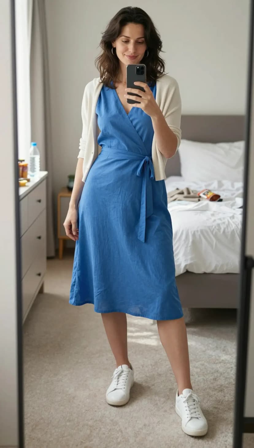 Blue Linen Wrap Dress + Cream Knit Cardigan + White Leather Sneakers