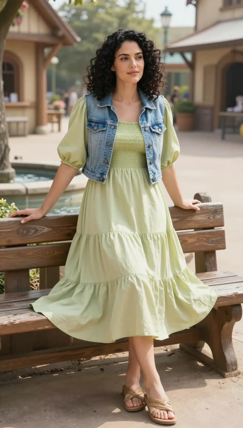 Light Green Smocked Cotton Dress + Blue Denim Vest