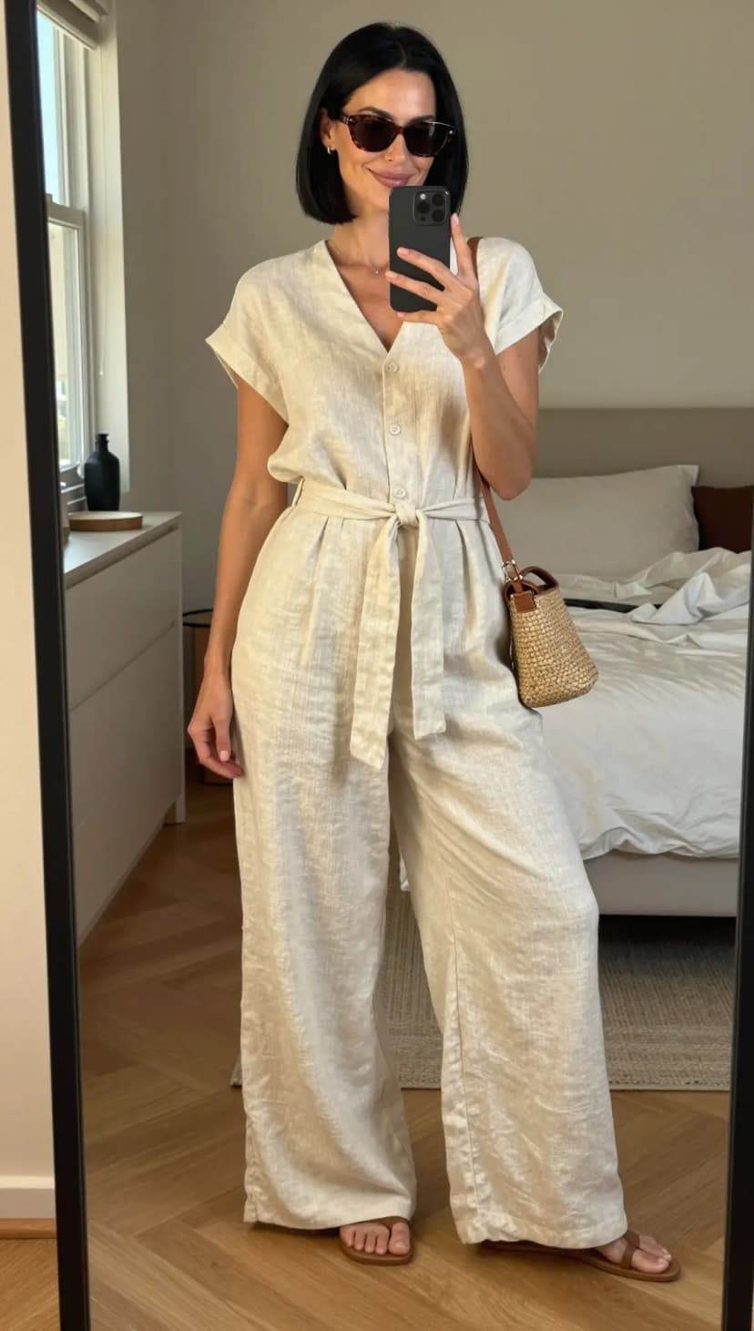 Cream Linen Button-Up Jumpsuit + Brown Leather Slide Sandals + Straw Bucket Bag