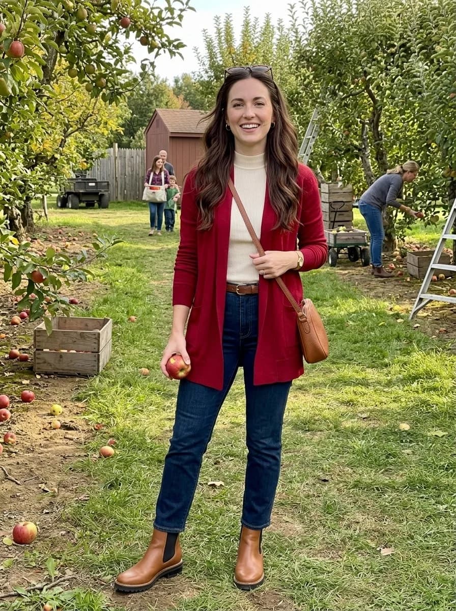 Red cardigan layered over cream mock-neck top with dark-wash jeans and cognac boots