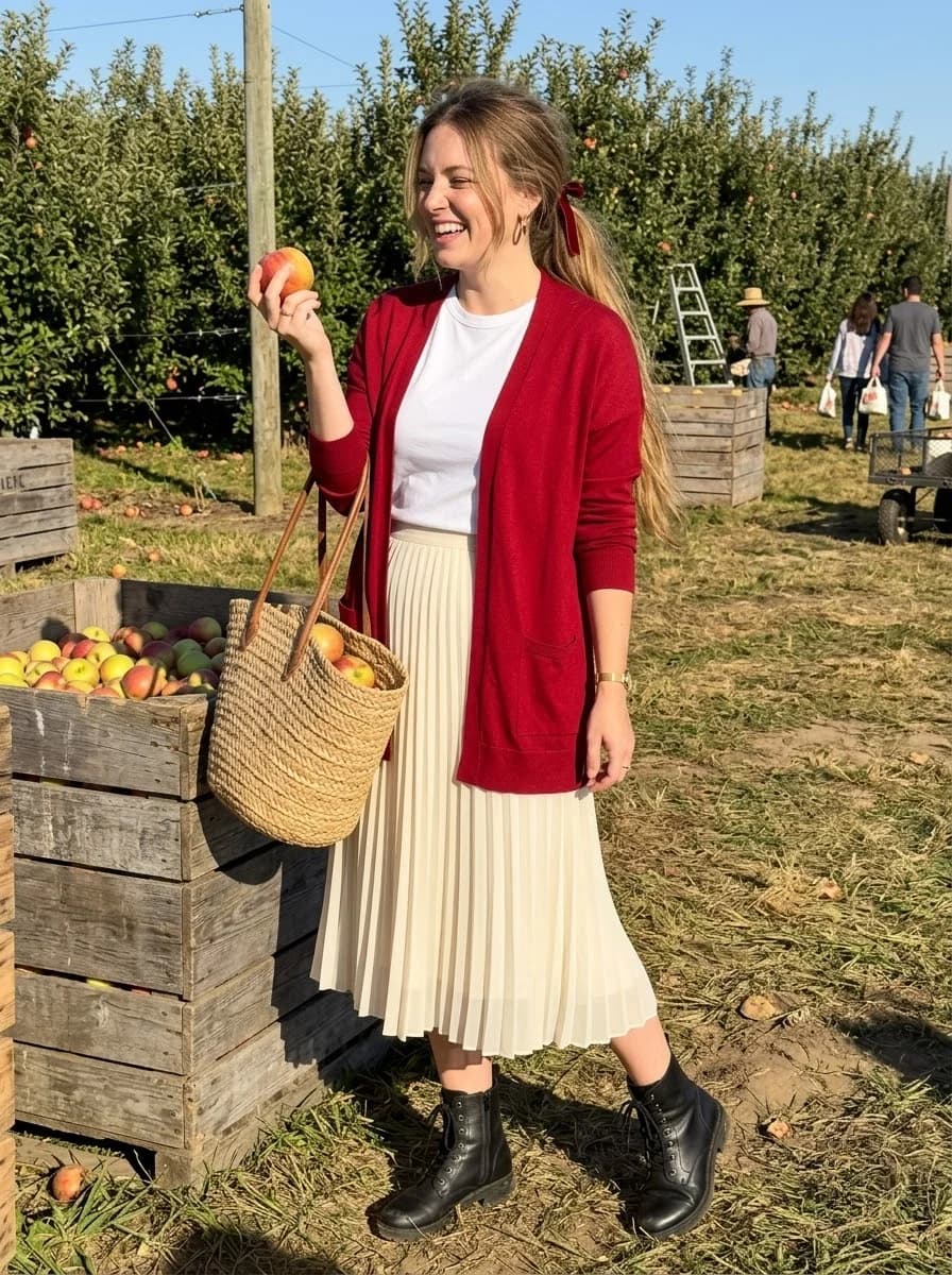 Red cardigan over white shirt with cream pleated midi skirt and black boots