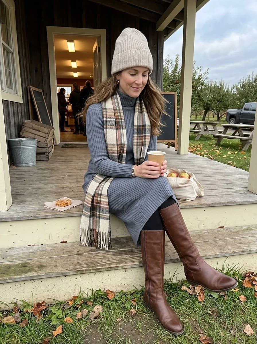 Gray ribbed turtleneck dress with black tights, plaid scarf, and tall brown boots