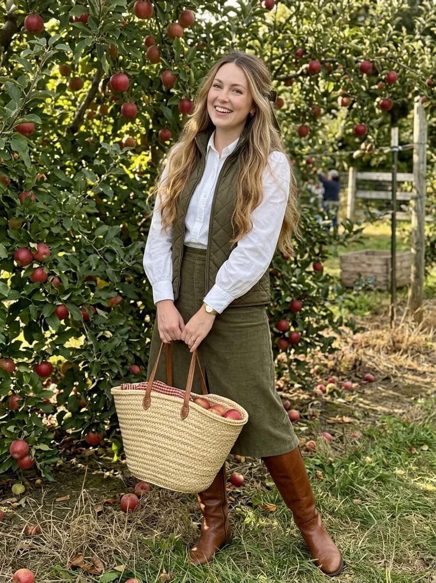 White button-down shirt with olive quilted vest, olive corduroy midi skirt, and cognac boots