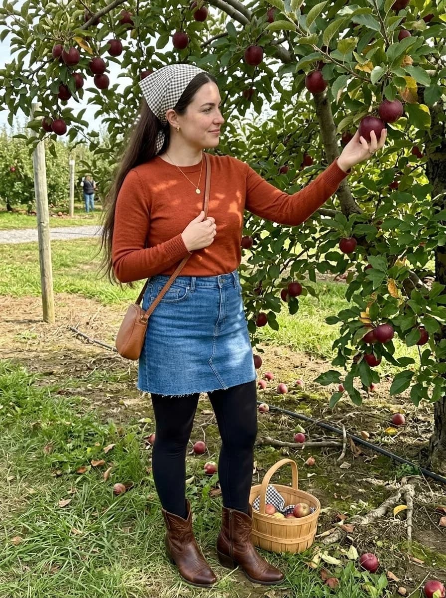 Rust knit top tucked into denim mini skirt with black tights and western boots