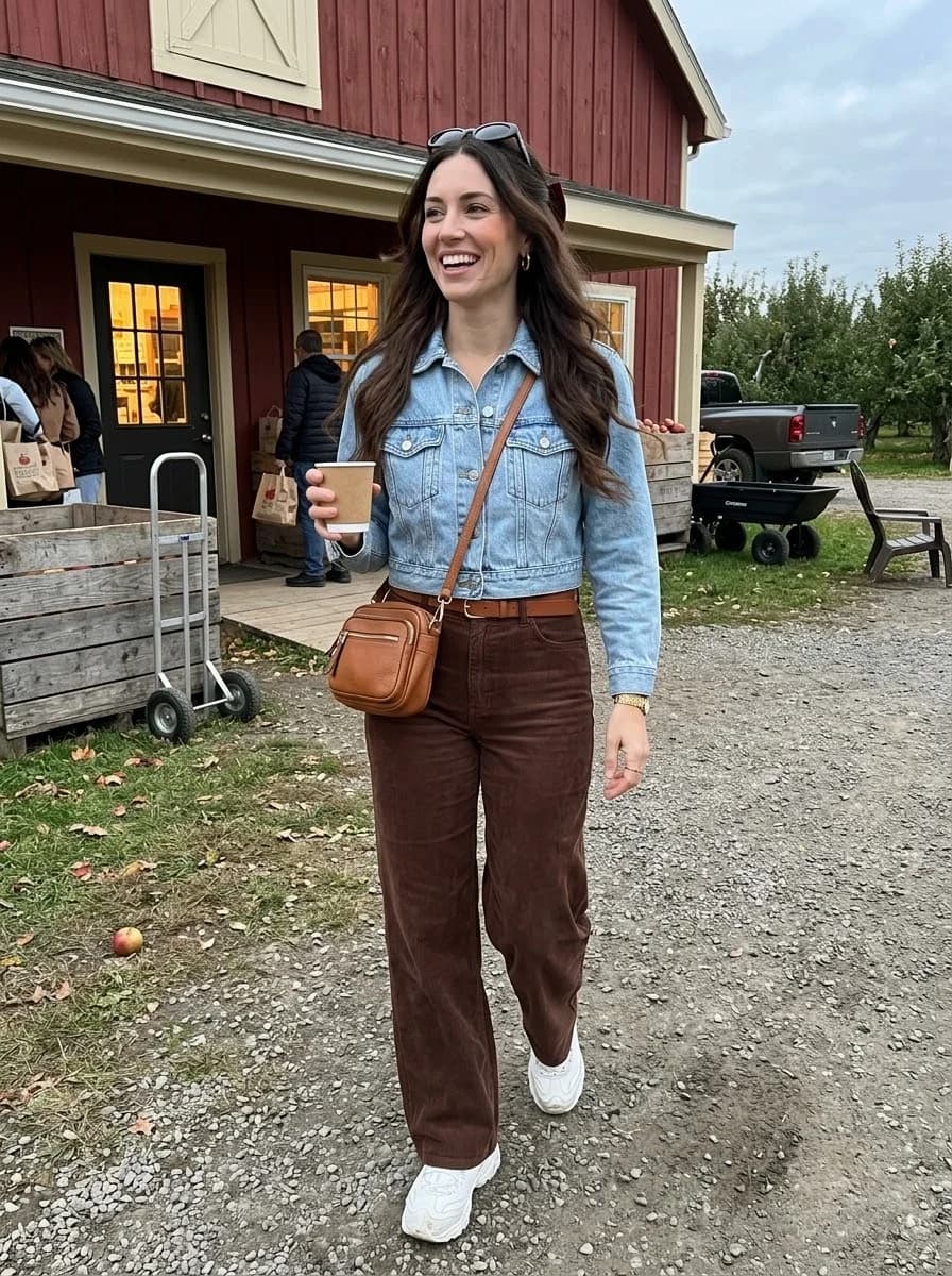 Cropped denim jacket with brown corduroy wide-leg pants and white sneakers