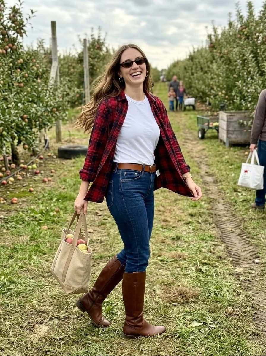 Red and black plaid shirt open over white tee with dark skinny jeans and knee-high riding boots