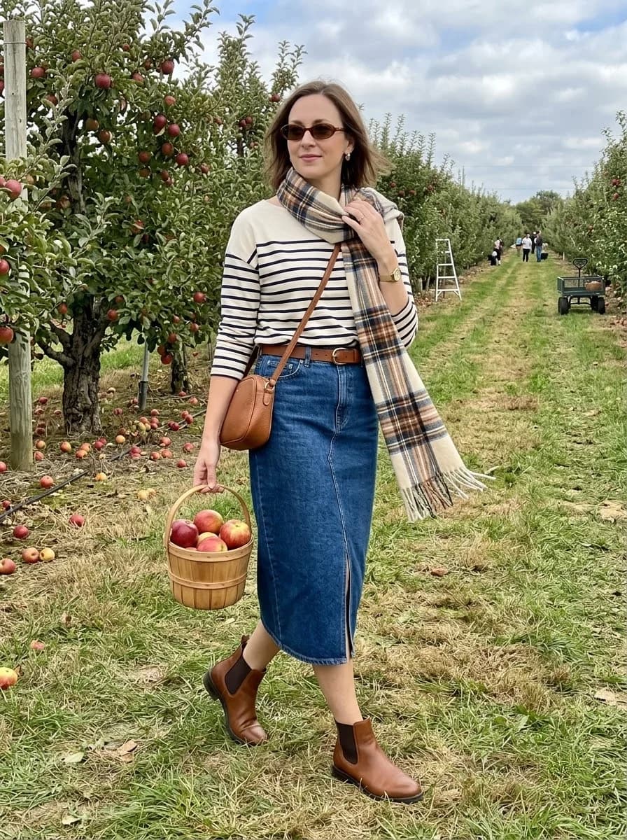 Striped Breton top with denim midi skirt, plaid scarf, and cognac Chelsea boots