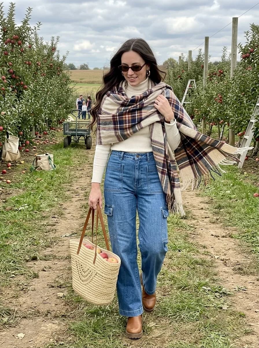 Cream turtleneck with cargo jeans, oversized plaid wrap, and brown boots