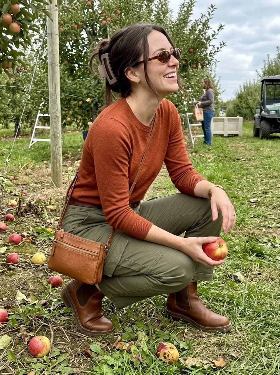 Rust sweater with olive cargo pants, brown Chelsea boots, and tan crossbody bag