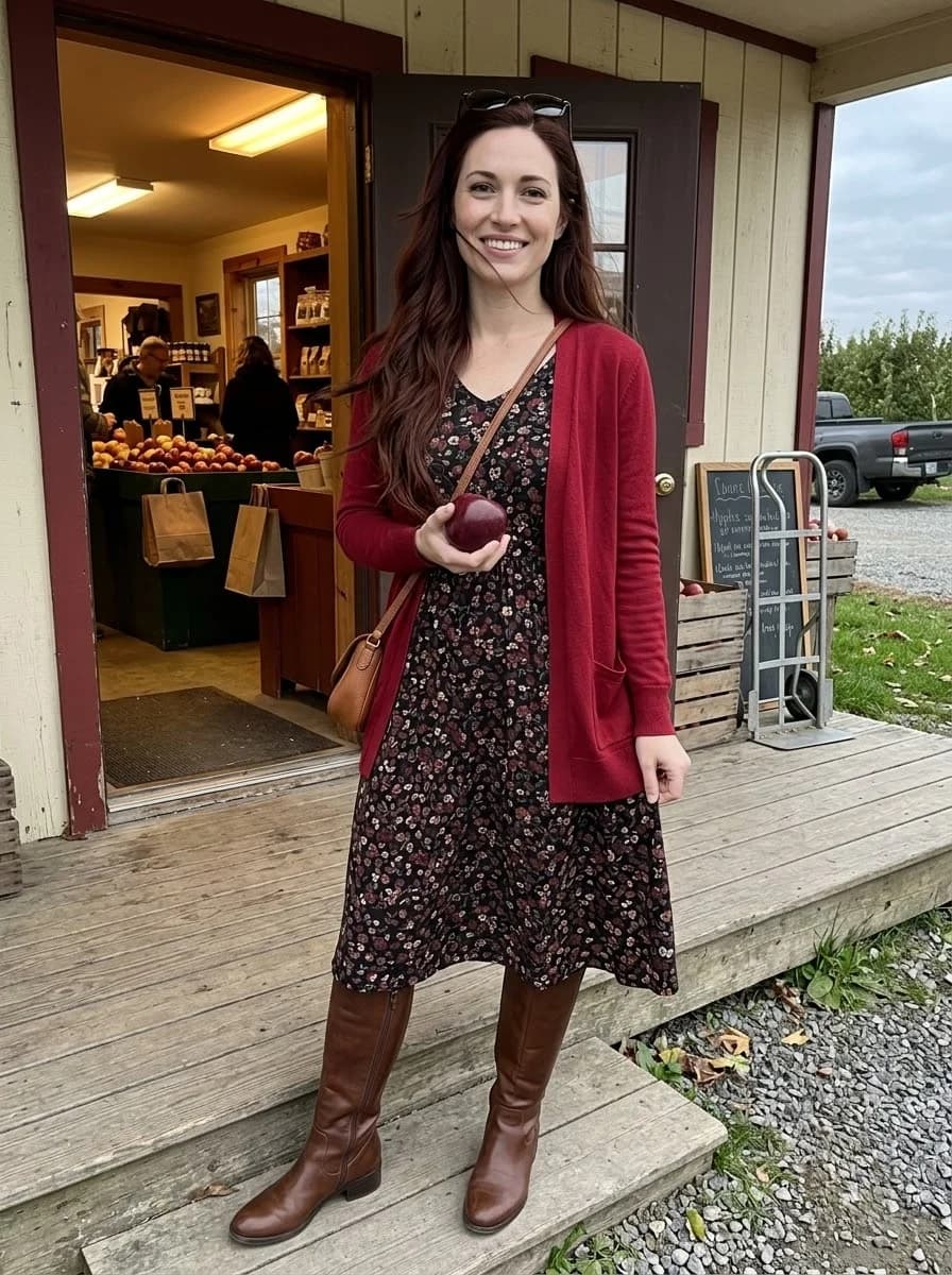 Dark floral midi dress layered with open burgundy cardigan and tall brown boots