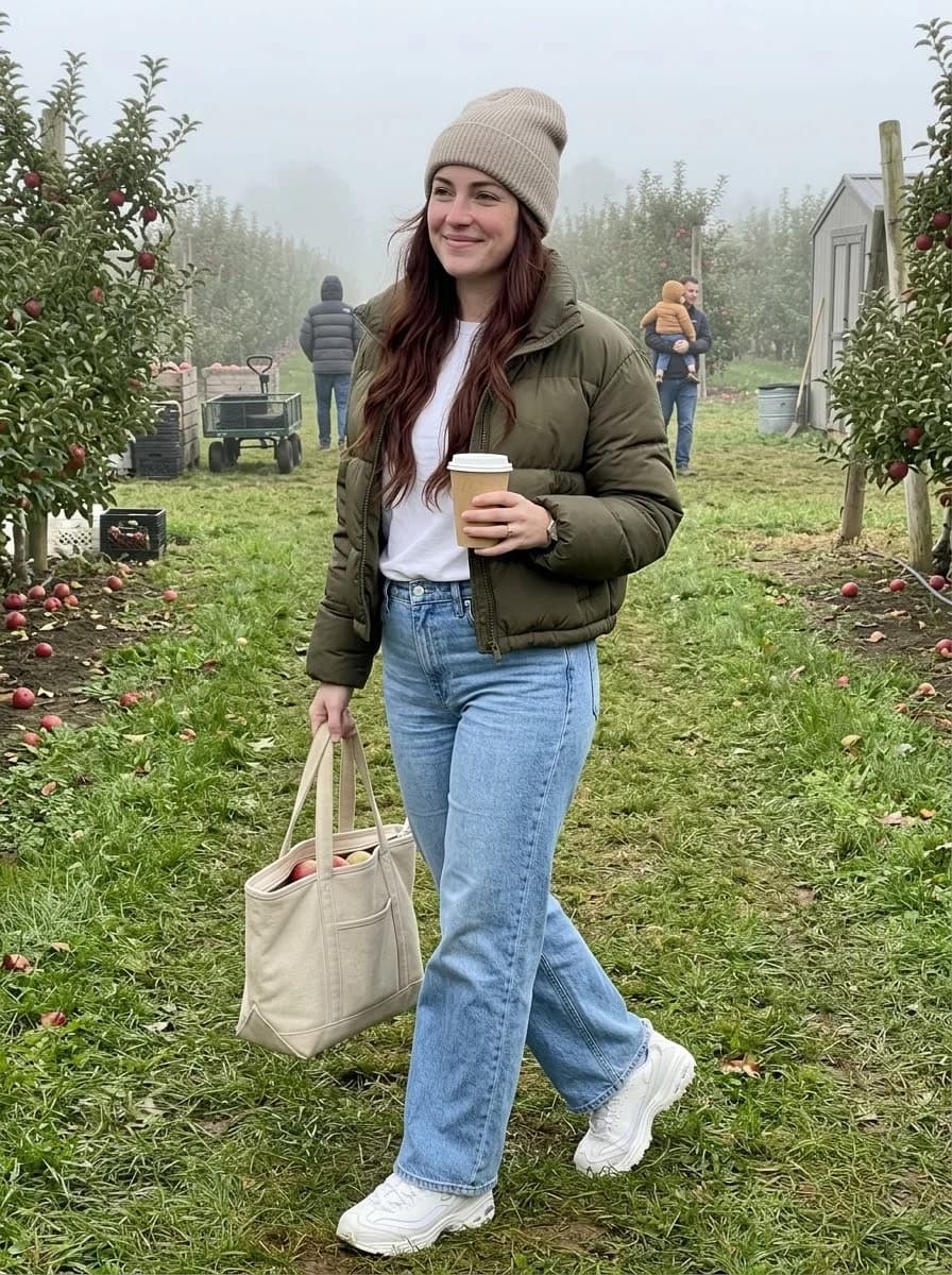Cropped olive puffer jacket over white tee with light-wash jeans and white sneakers