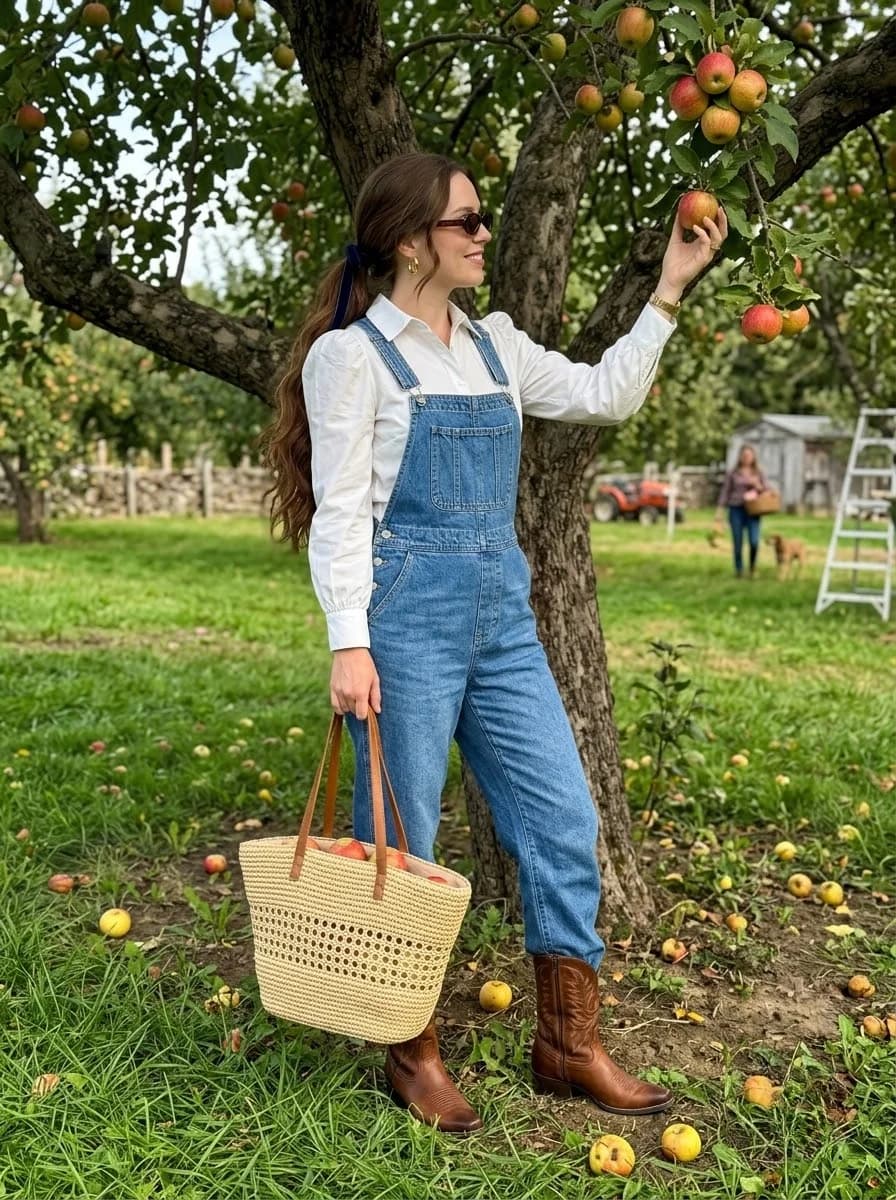 White button-down shirt under denim overalls with brown western boots
