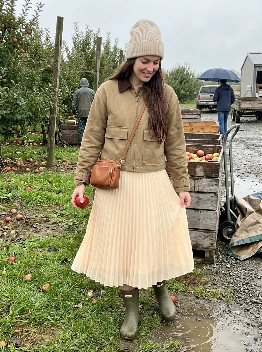 Cropped khaki jacket with cream pleated midi skirt and olive rubber rain boots