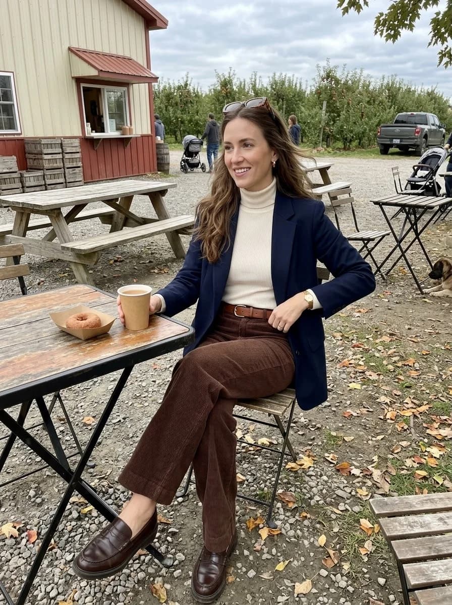 Navy blazer over cream turtleneck with brown corduroy trousers and dark loafers