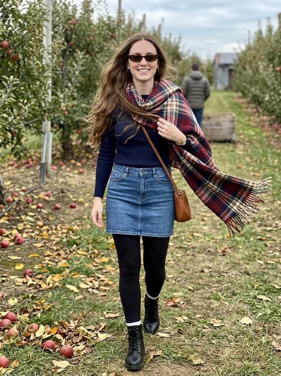 Navy sweater with denim mini skirt, black tights, oversized plaid scarf, and lace-up boots