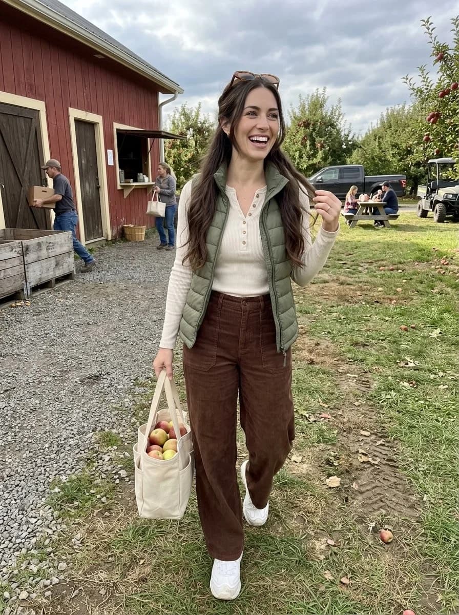 Cream henley top with olive quilted vest, brown corduroy pants, and white sneakers