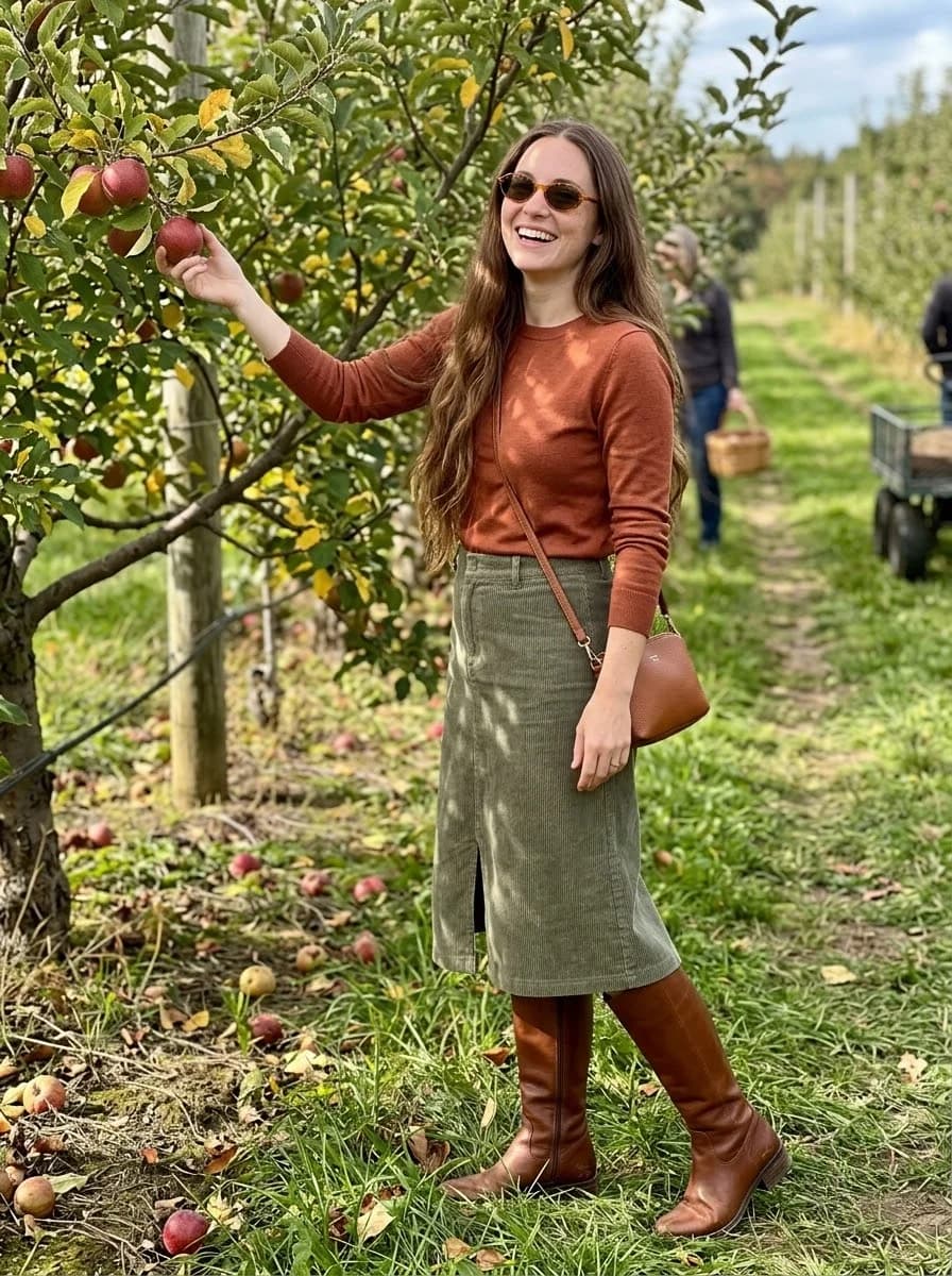 Rust knit top tucked into olive corduroy midi skirt with brown knee-high boots