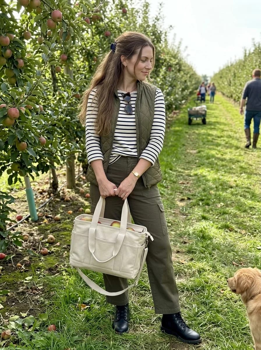 Striped top with olive quilted vest and cargo pants with black boots