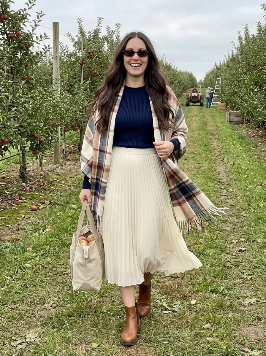Navy ribbed sweater with cream pleated midi skirt, plaid scarf, and brown ankle boots