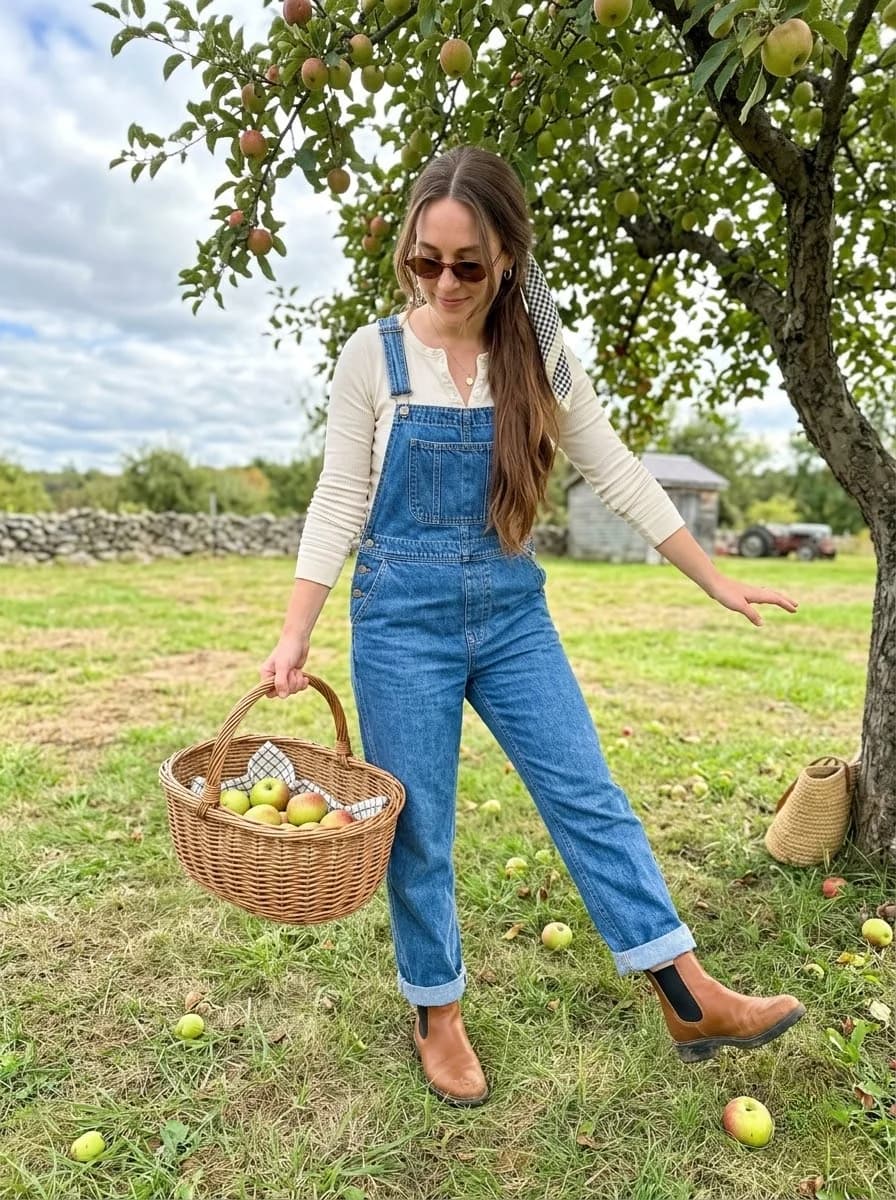 Denim overalls over a cream henley top with cognac Chelsea boots