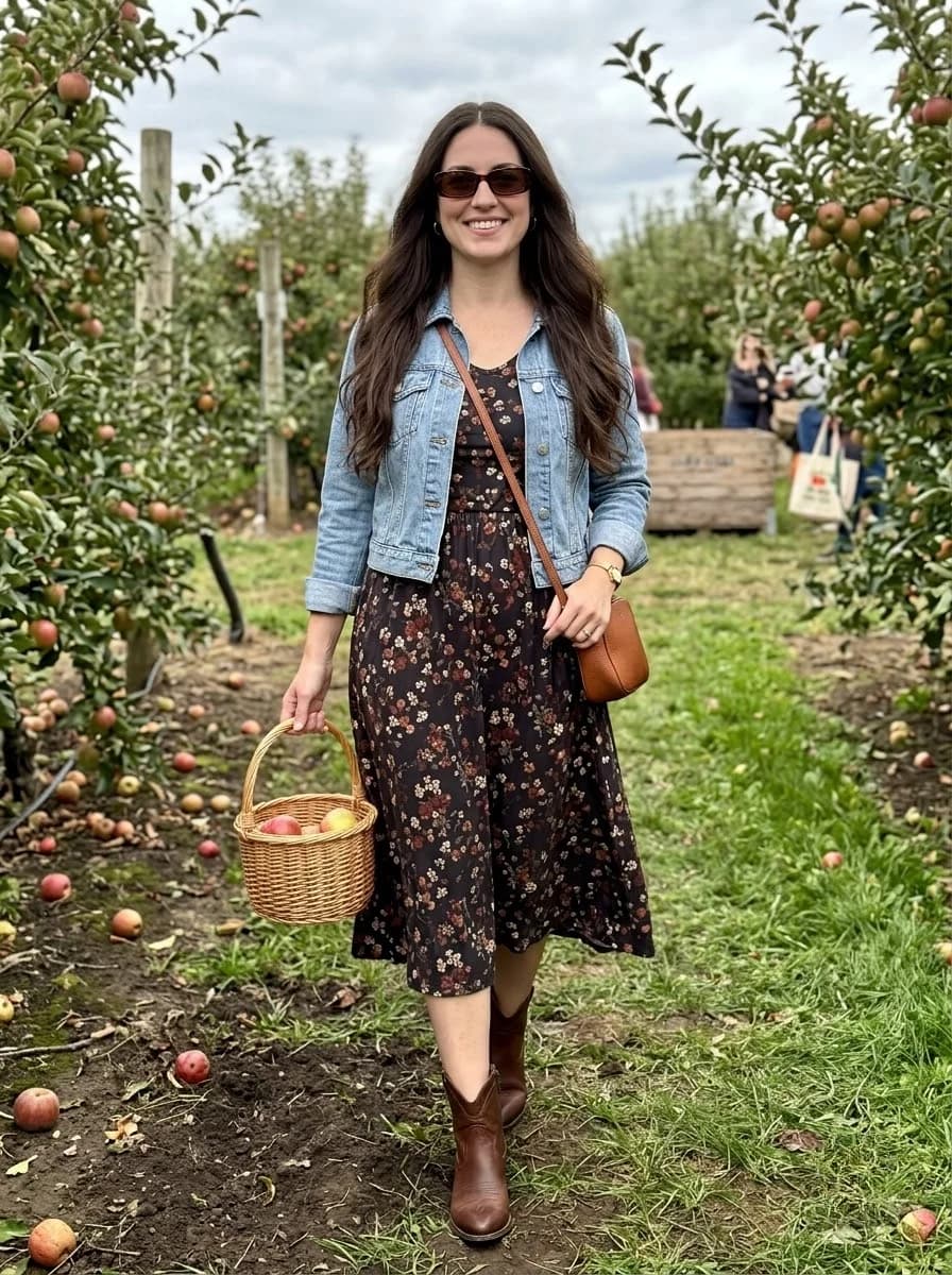 Dark floral print midi dress with light-wash denim jacket and brown boots