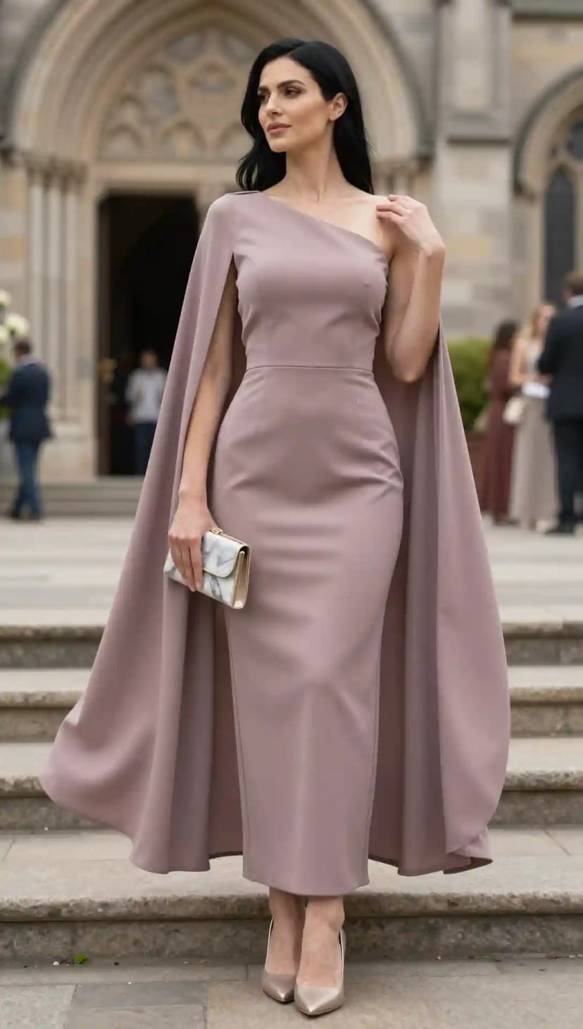 Woman posing outdoors in a dusty rose one-shoulder gown with an attached cape, holding a marble clutch.