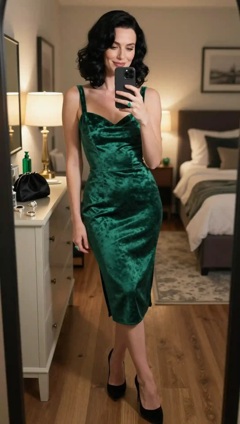 Woman taking a mirror selfie in an emerald green velvet midi dress with a cowl neck and black pumps.
