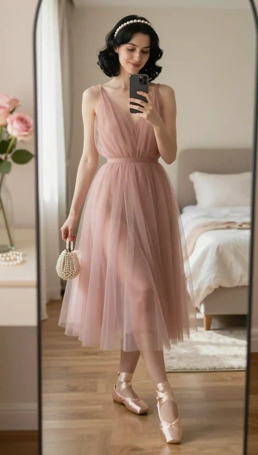 Woman taking a mirror selfie in a dusty rose tulle midi dress with satin ballet flats and a pearl headband.