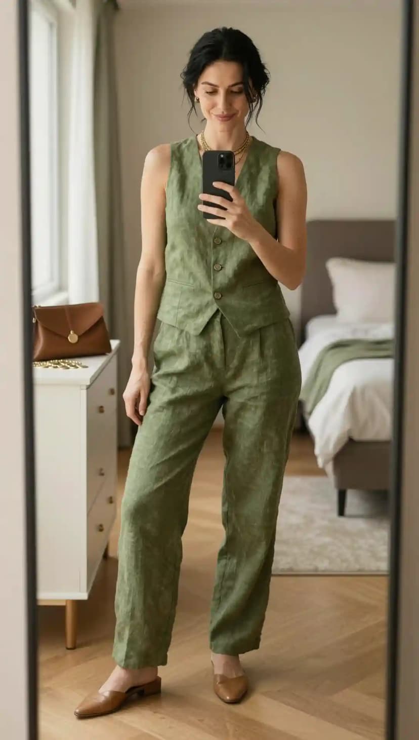 Woman taking a mirror selfie in an olive green linen vest and matching trousers set, holding a brown clutch.
