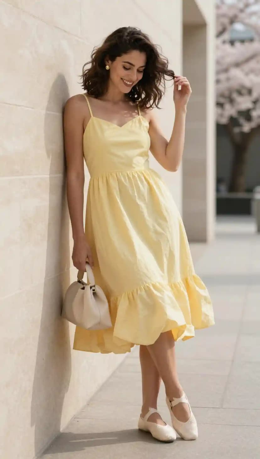 Woman smiling in a pale yellow cotton sundress with spaghetti straps and a ruffled hem, holding a cream bucket bag.