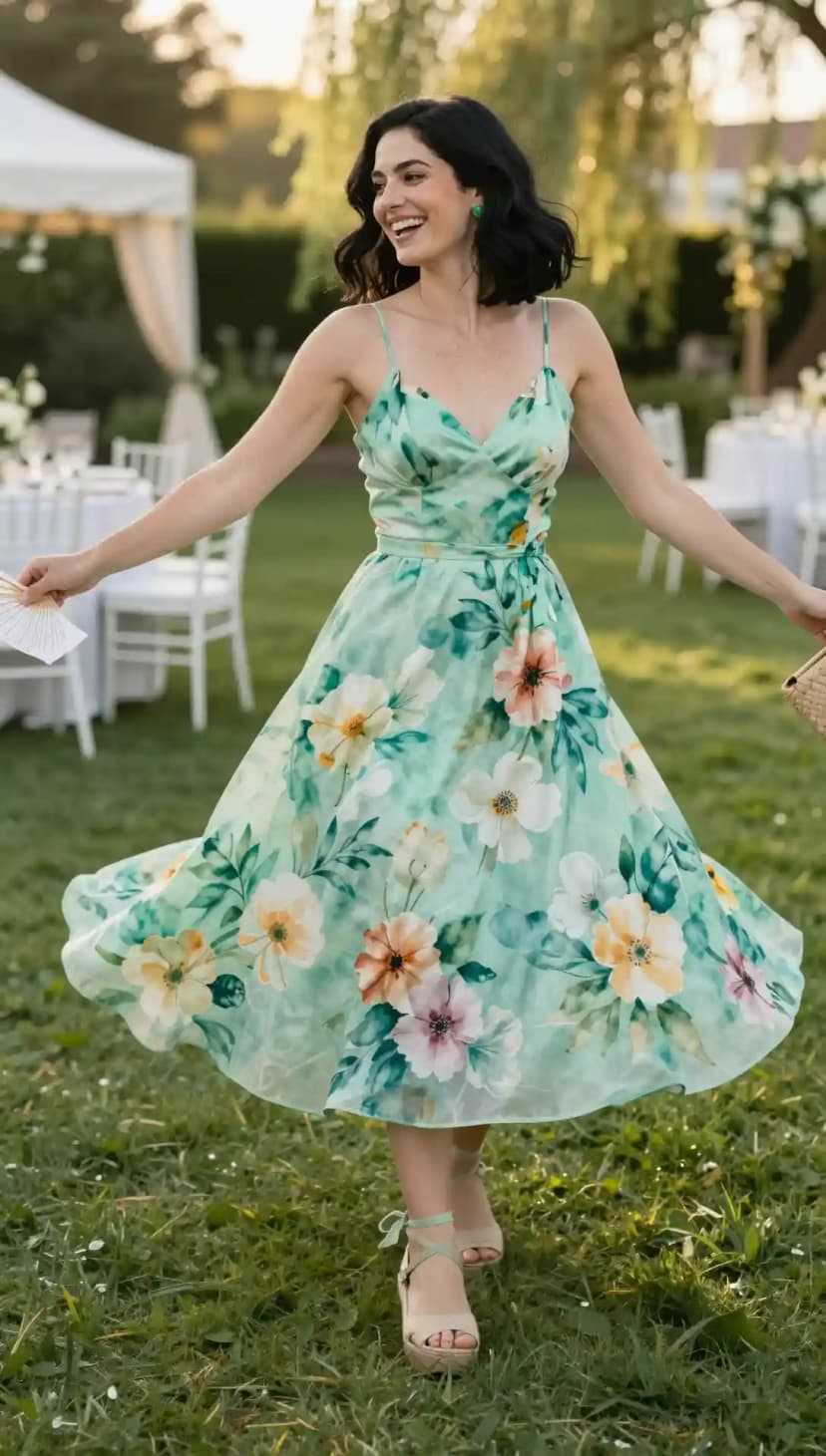 Woman in a garden wearing a mint green chiffon midi dress with a large-scale floral print, holding a woven clutch.
