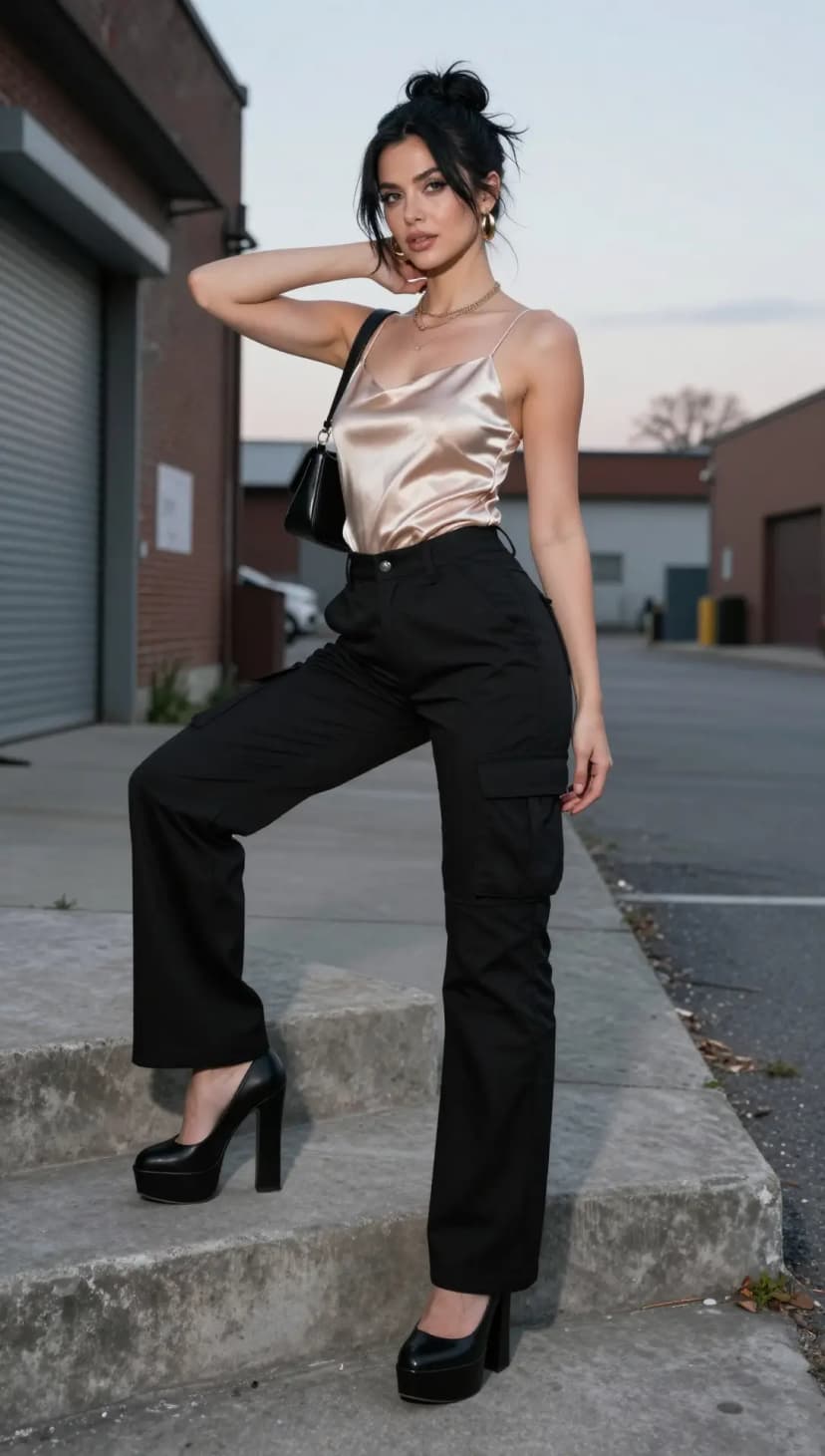 Champagne Satin Camisole + Black Cargo Trousers