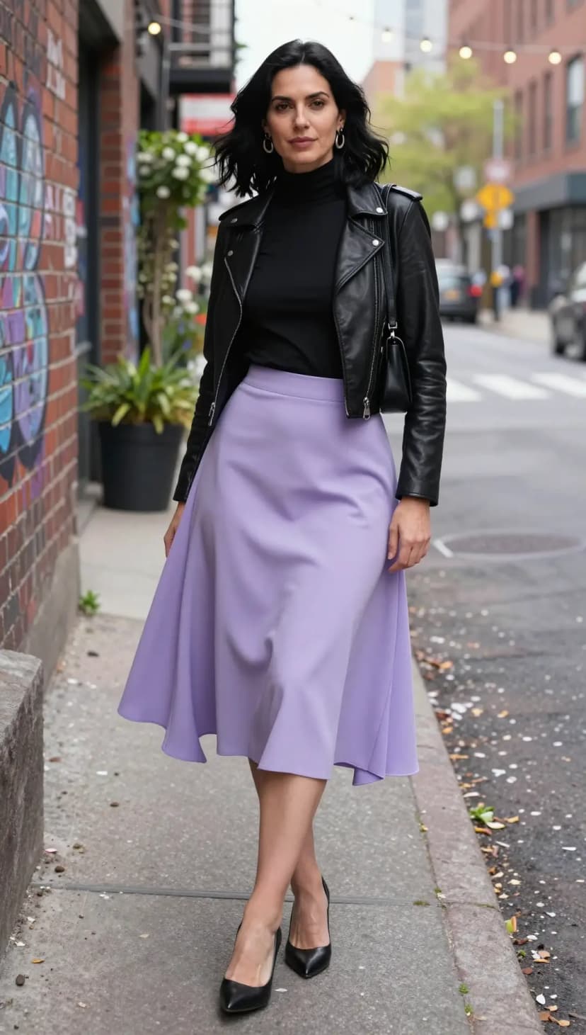 Black Leather Moto Jacket + Black Turtleneck Top + Lavender Wool Midi Skirt