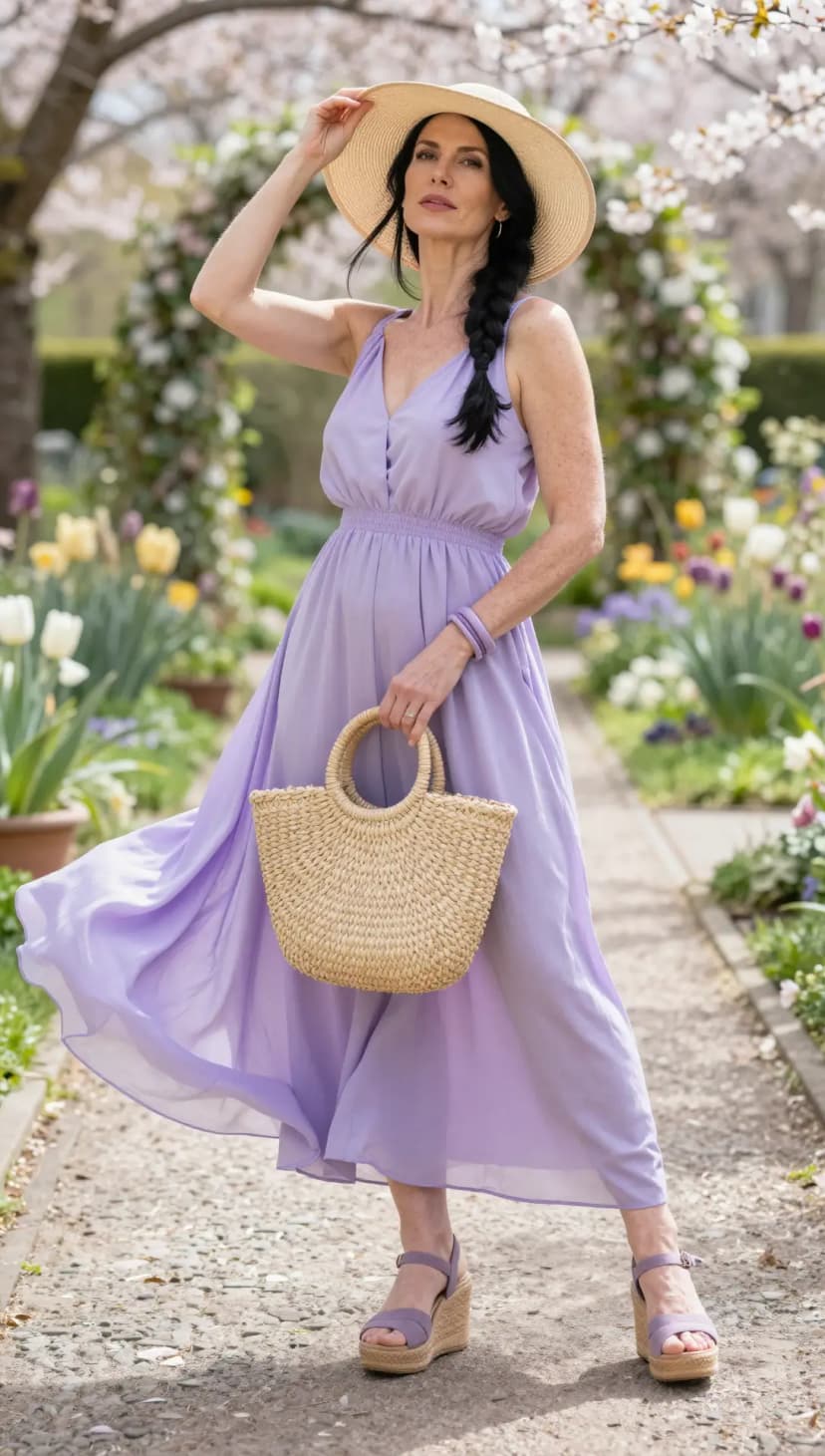 Lavender Chiffon Maxi Dress + Straw Tote Bag + Straw Wedge Sandals + Straw Sun Hat
