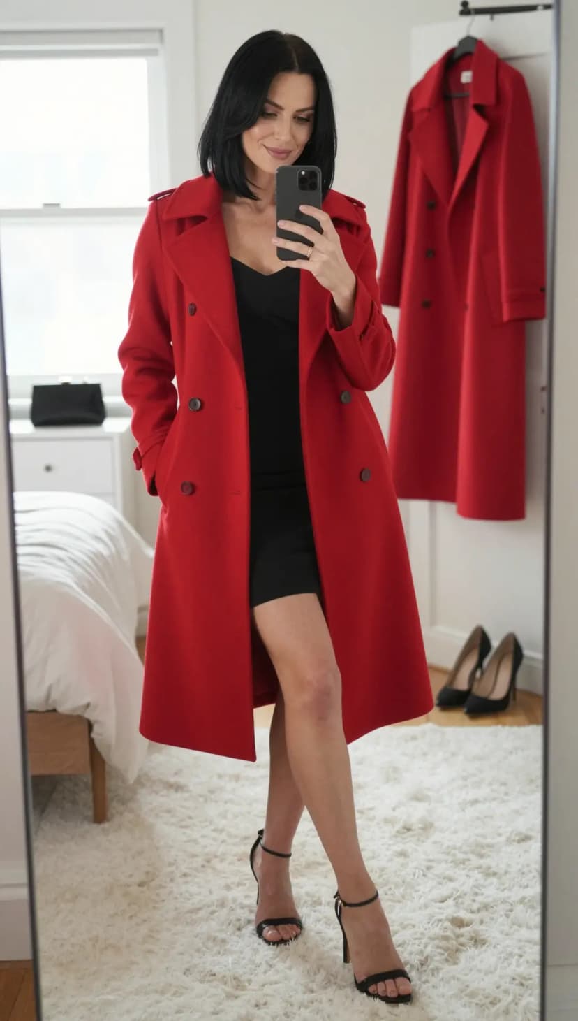 Red Wool Coat + Black Knit Mini Dress