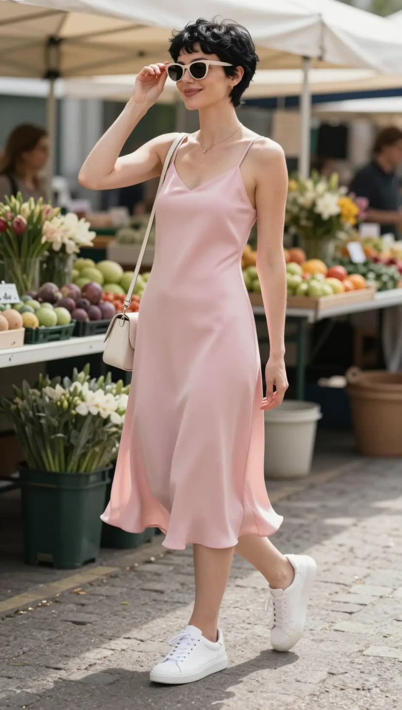 Pink Satin Slip Dress + White Leather Sneakers