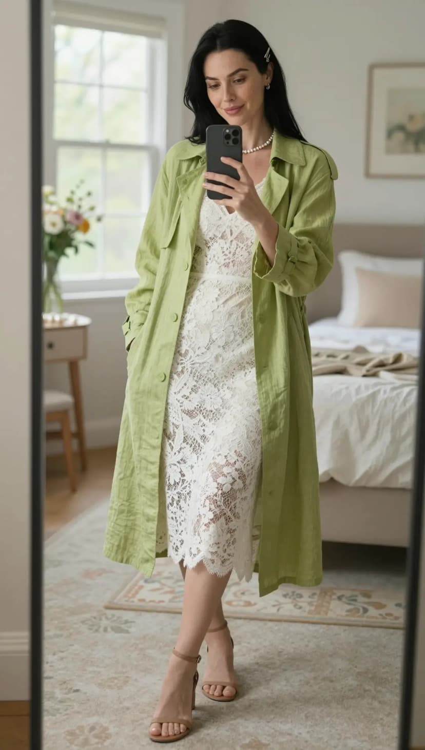 Lime Linen Trench Coat + White Lace Sheath Dress