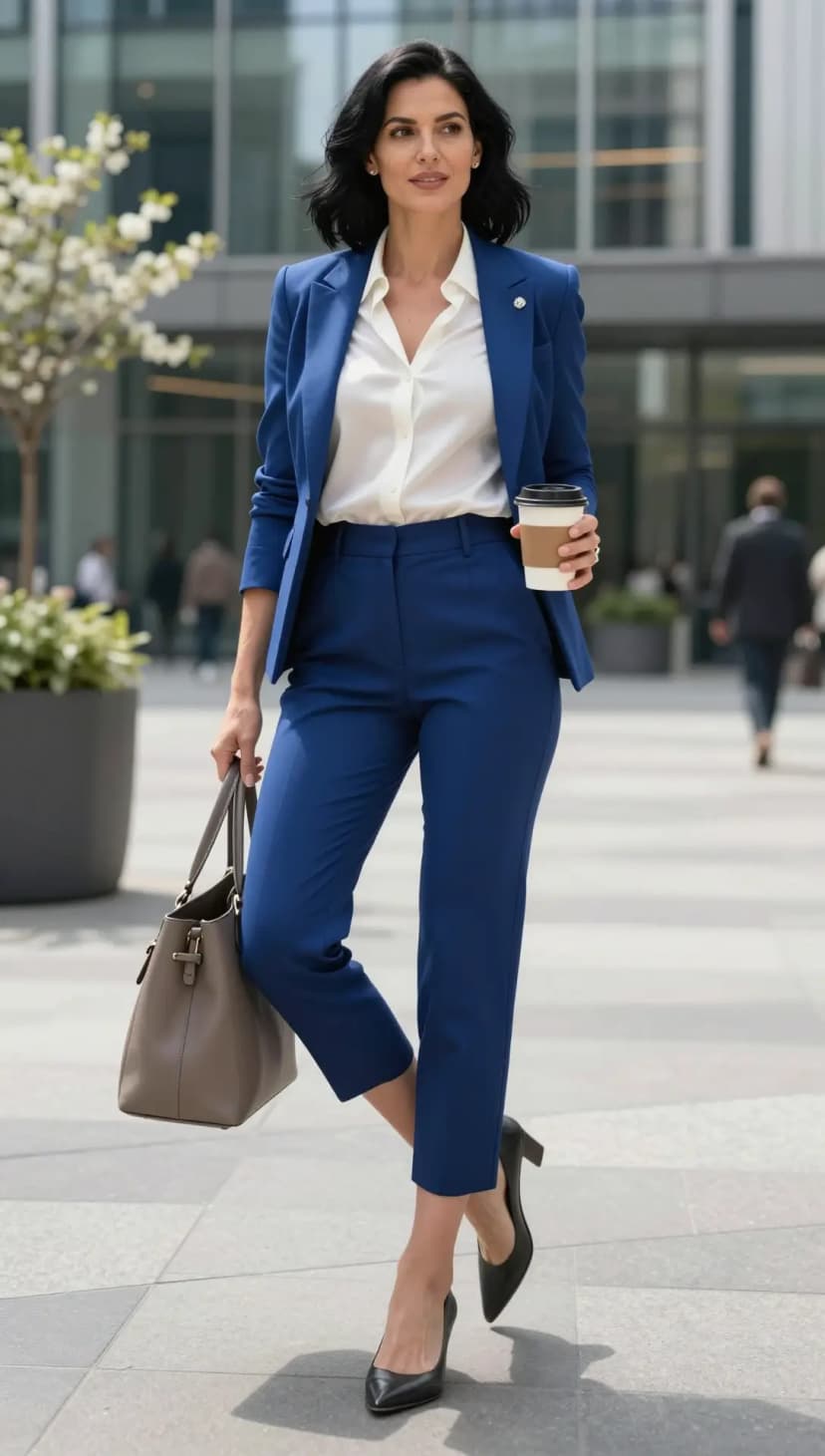 Royal Blue Wool Blazer + White Silk Blouse + Royal Blue Wool Trousers