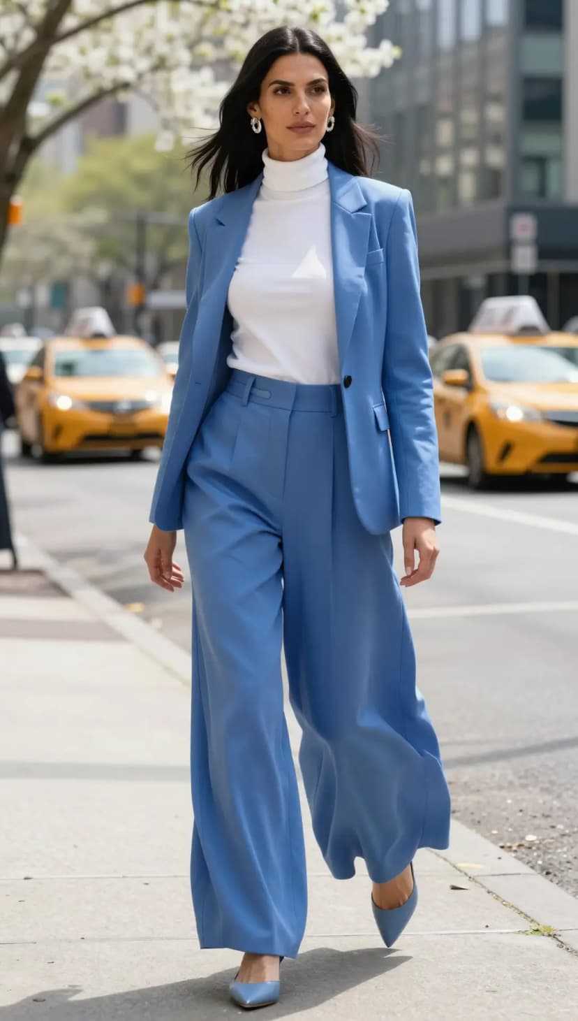 White Cotton Turtleneck + Blue Wool Blazer + Blue Wool Wide-Leg Trousers