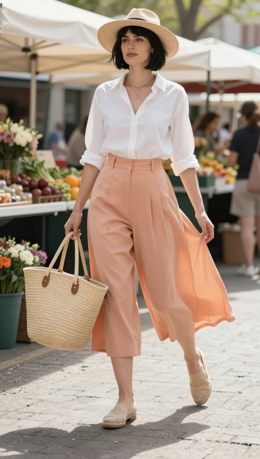 White Cotton Poplin Shirt + Peach Linen Wide-Leg Cropped Trousers
