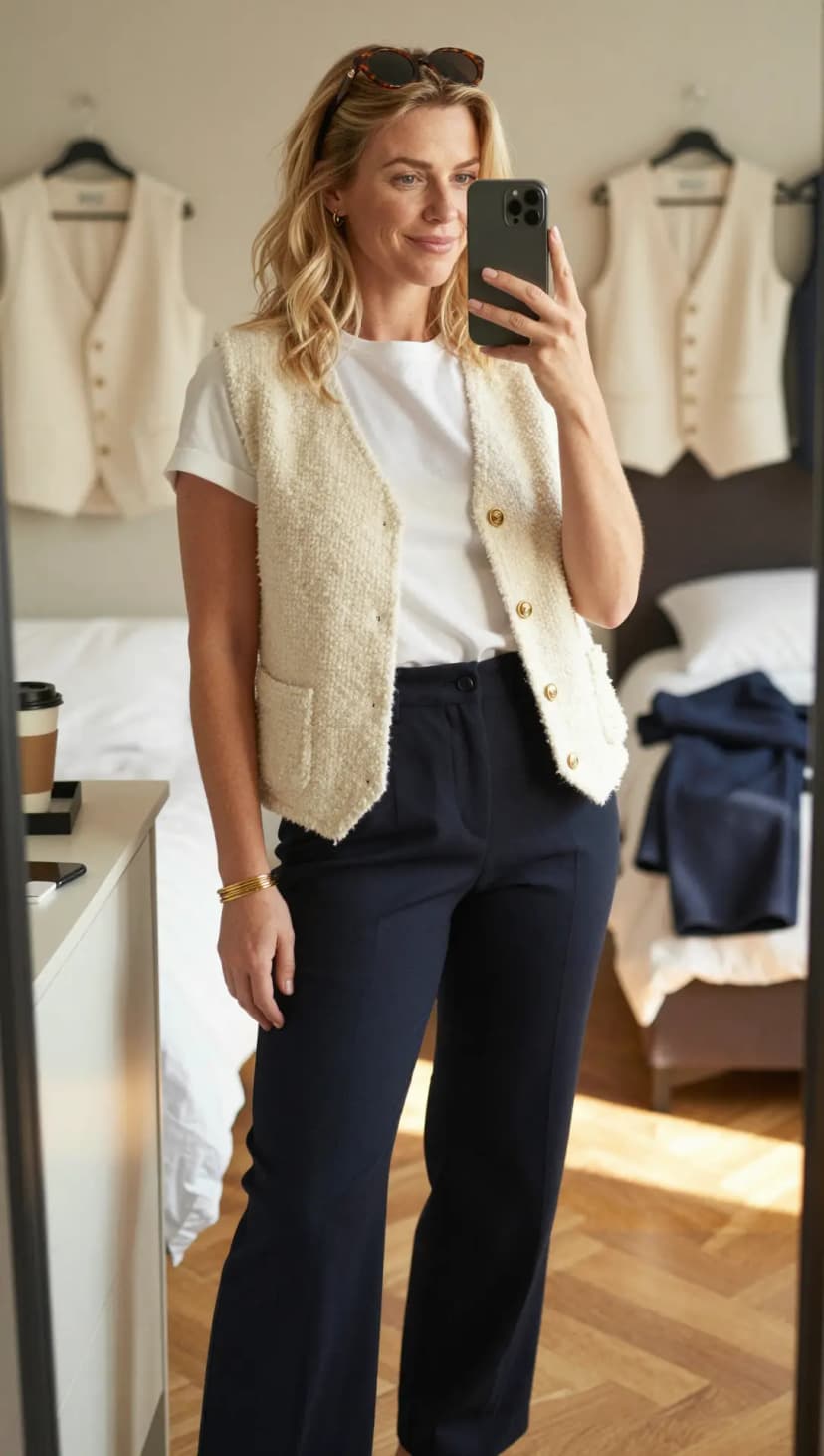 Cream Textured Vest + White Cotton T-Shirt + Navy Wide-Leg Trousers