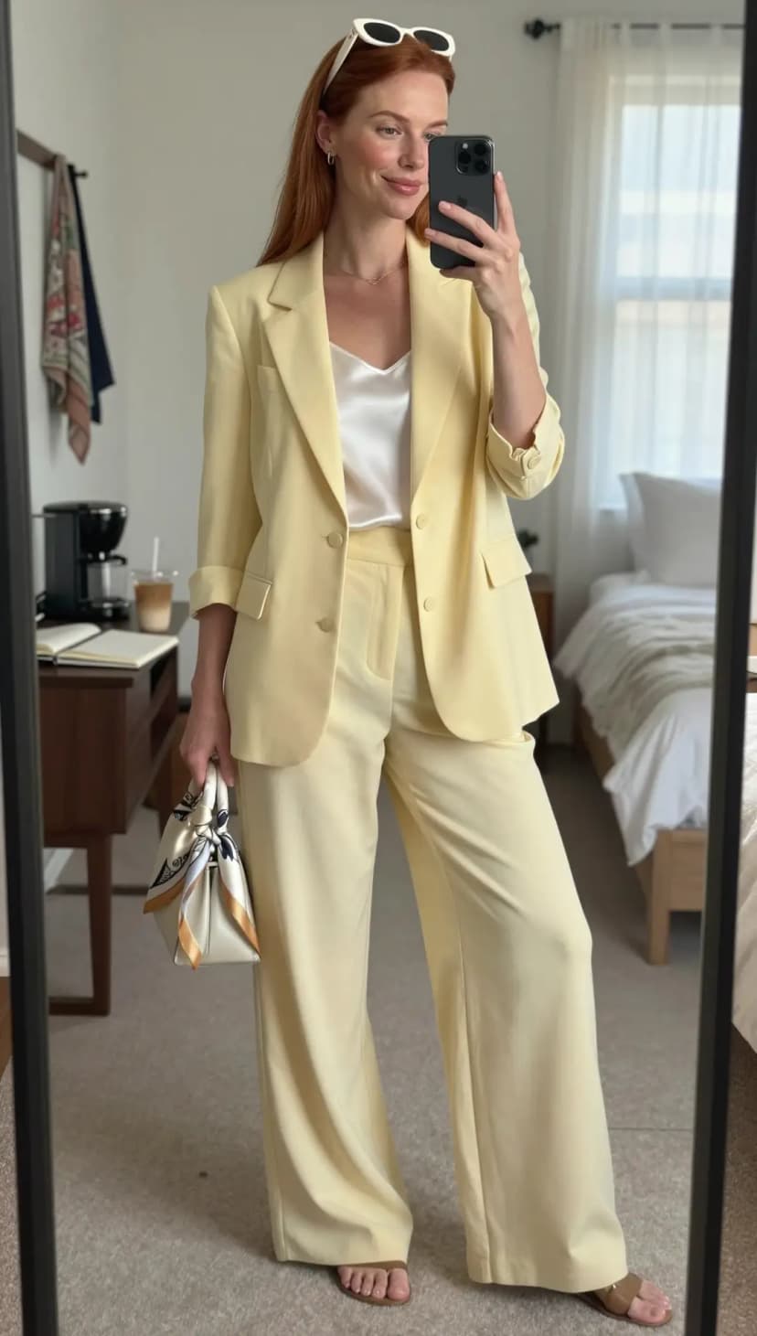 Yellow Linen Blazer + White Silk Camisole + Yellow Linen Trousers