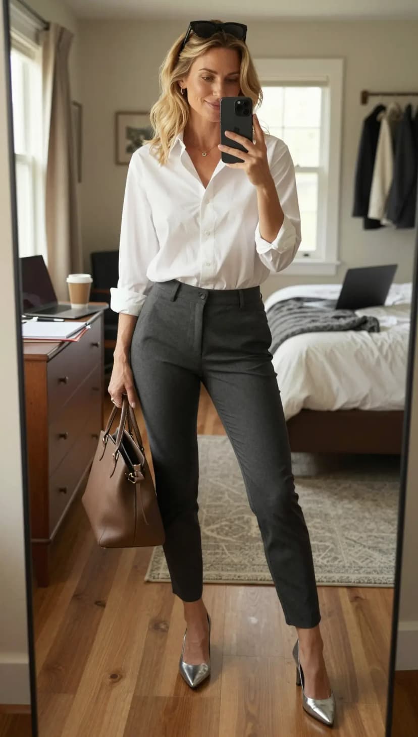 White Poplin Button-Up Shirt + Charcoal Wool Trousers + Silver Leather Pumps
