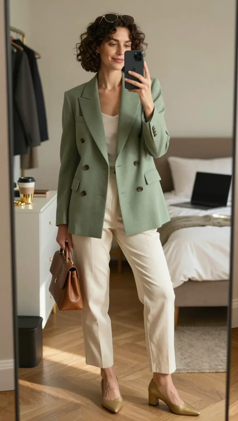 Sage Double-Breasted Blazer + Cream Linen Trousers + Gold Pointed-Toe Heels