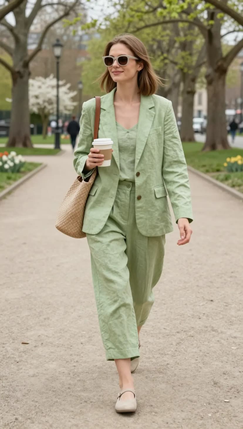 Sage Linen Blazer + Sage Linen Tank Top + Sage Linen Trousers