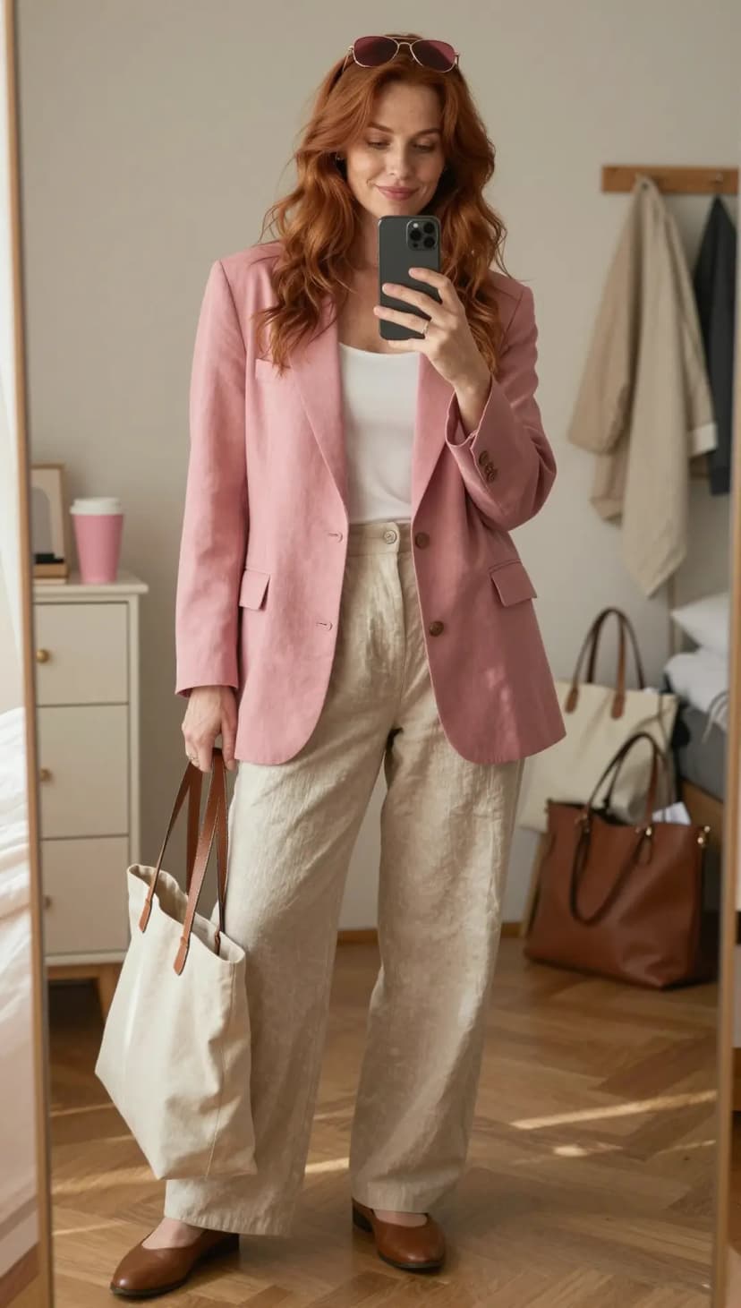 Rose Linen Blazer + Cream Linen Trousers + White Tank Top + Brown Leather Loafers