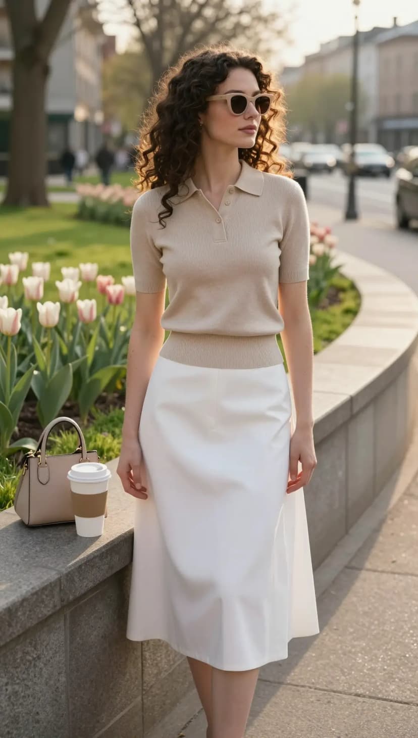 Sand Ribbed Knit Polo Top + White Faux Leather Midi Skirt + Beige Tote Bag