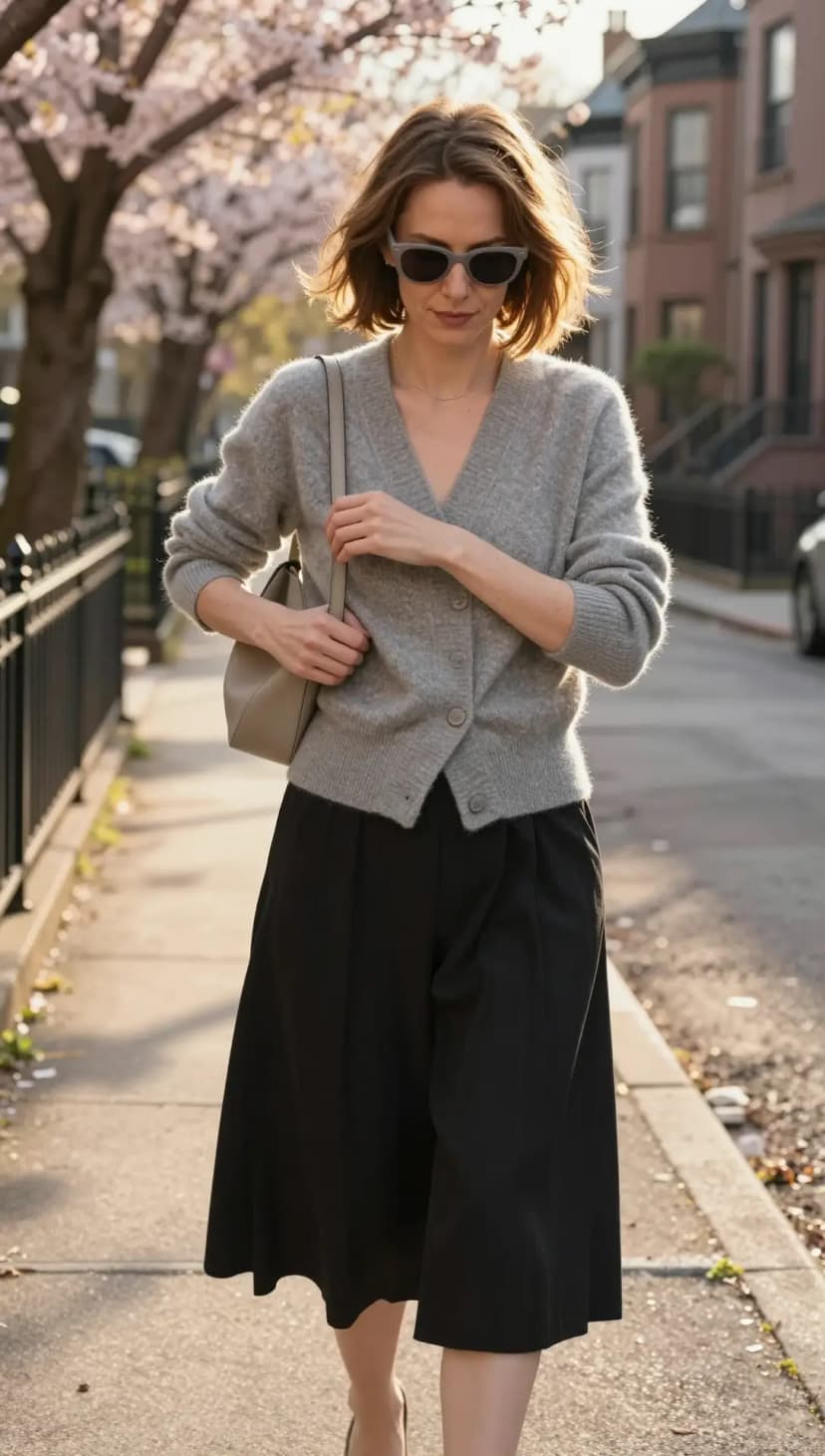 Grey Knit Cardigan + Black Pleated Midi Skirt + Taupe Shoulder Bag