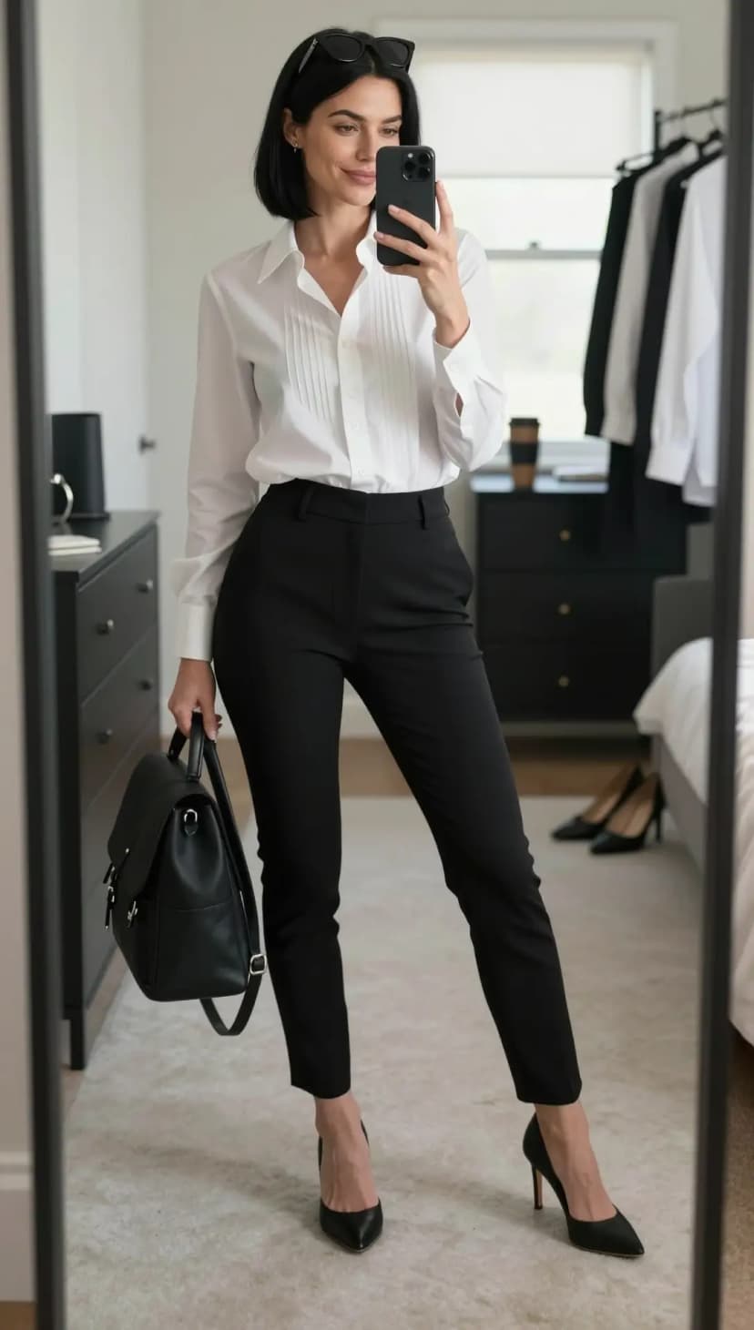 White Pleated Bib Shirt + Black Tailored Trousers + Black Leather Heels